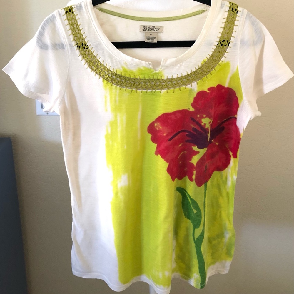 Lucky Brand White Tee with Red and Green Floral Design and Embroidery